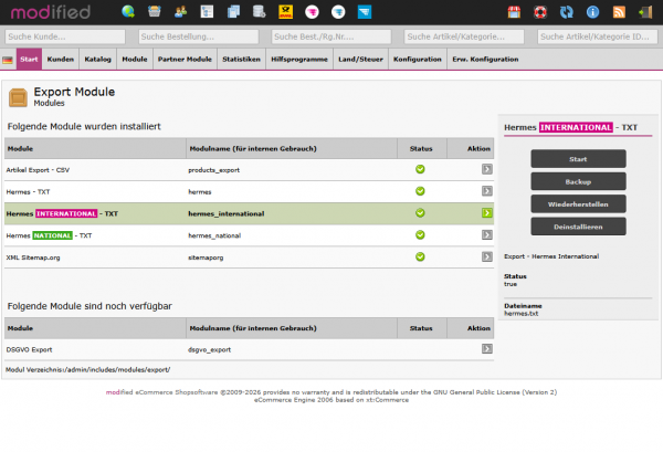 Hermes-Export-Modul installierbar über Export-Module