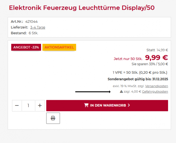 Gefahrgutzuschlag Anzeige beim Artikel