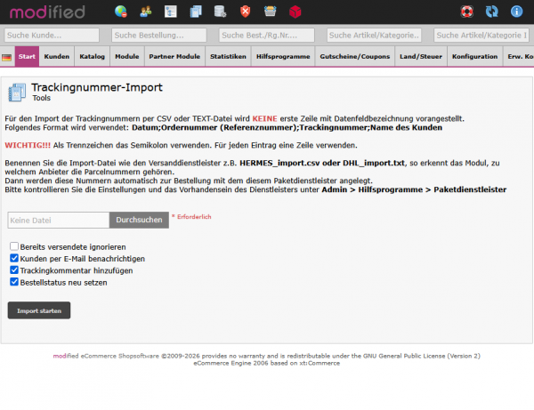 Trackingnummer, Sendungsnummer importieren, Bestellstatus aktualisieren und Kunden benachrichtigen