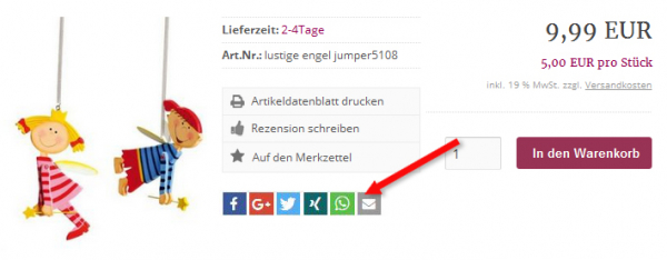 Socialmediabutton zum Teilen der Produkte, Kategorien oder Contentseiten