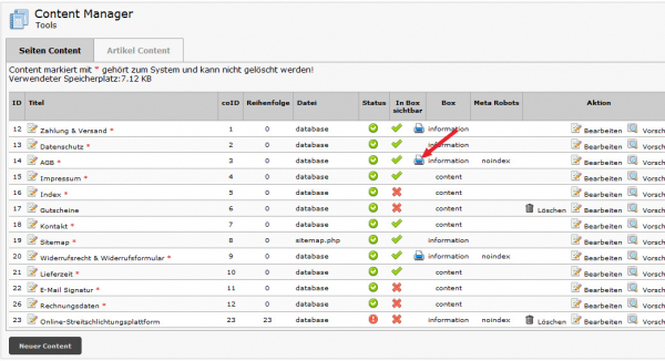 Content-Seiten drucken, aktivierbar über den Content-Manager