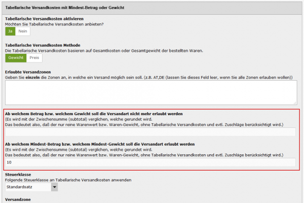 Versandkosten ab einem Mindestbestellwert oder Mindestgewicht